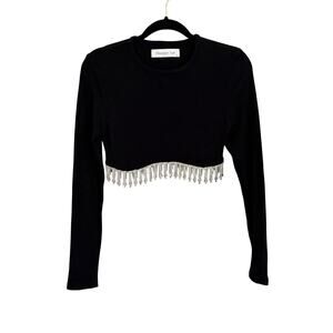 Charmant Ciel Crop Top M Black Fringe Rhinestone Clubwear Party Disco Glam Y2K